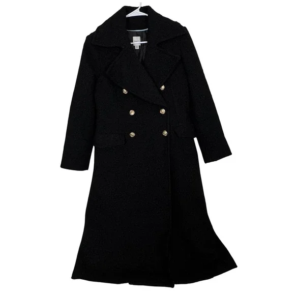 Maeve Black Dble Breasted Tweed Coat Maxi Womens 8P Classic Staple Dark Academia - Picture 3 of 12